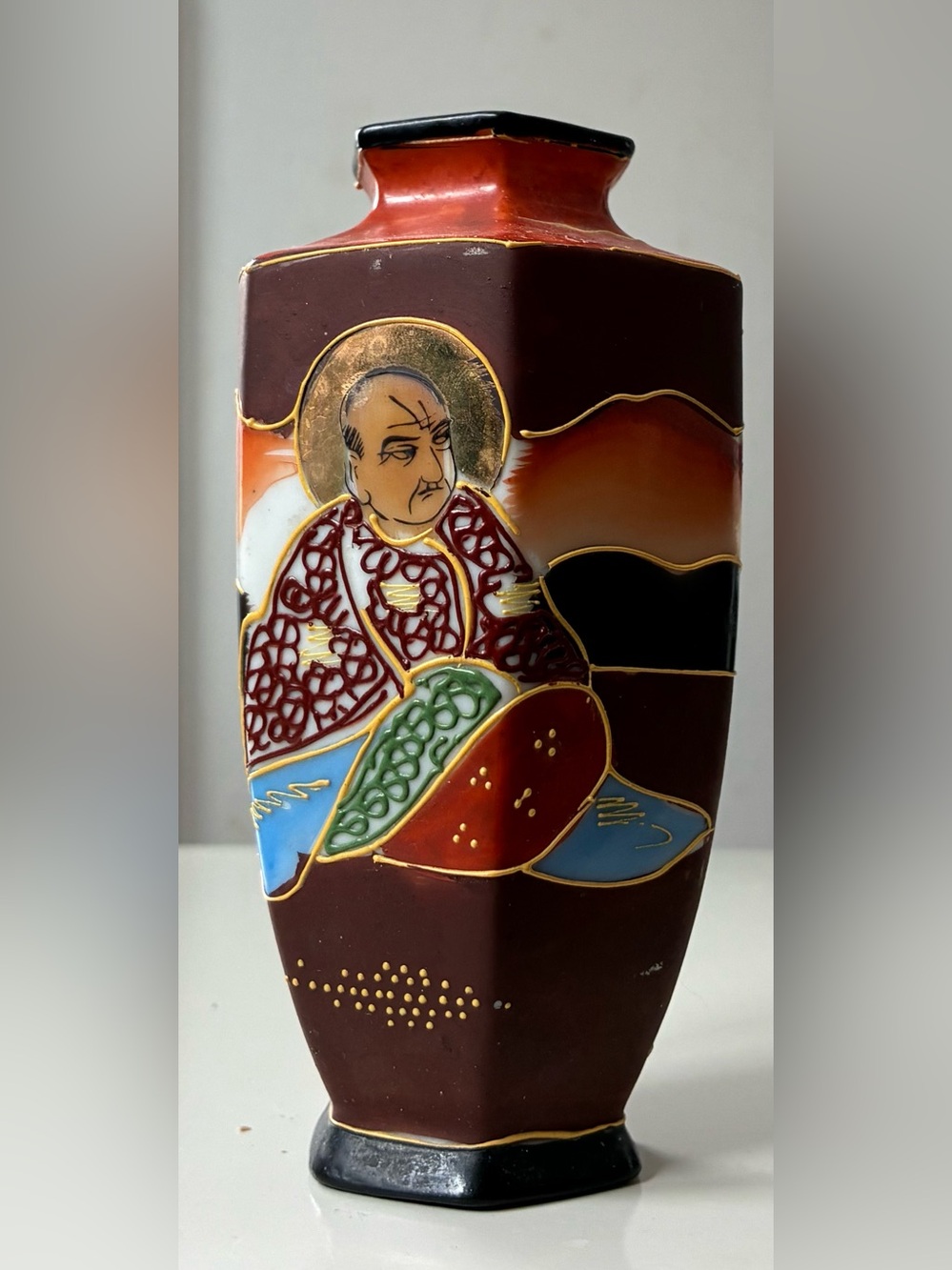 Vintage Hand-Painted Ceramic Vase in Red, Brown and Gold Japan